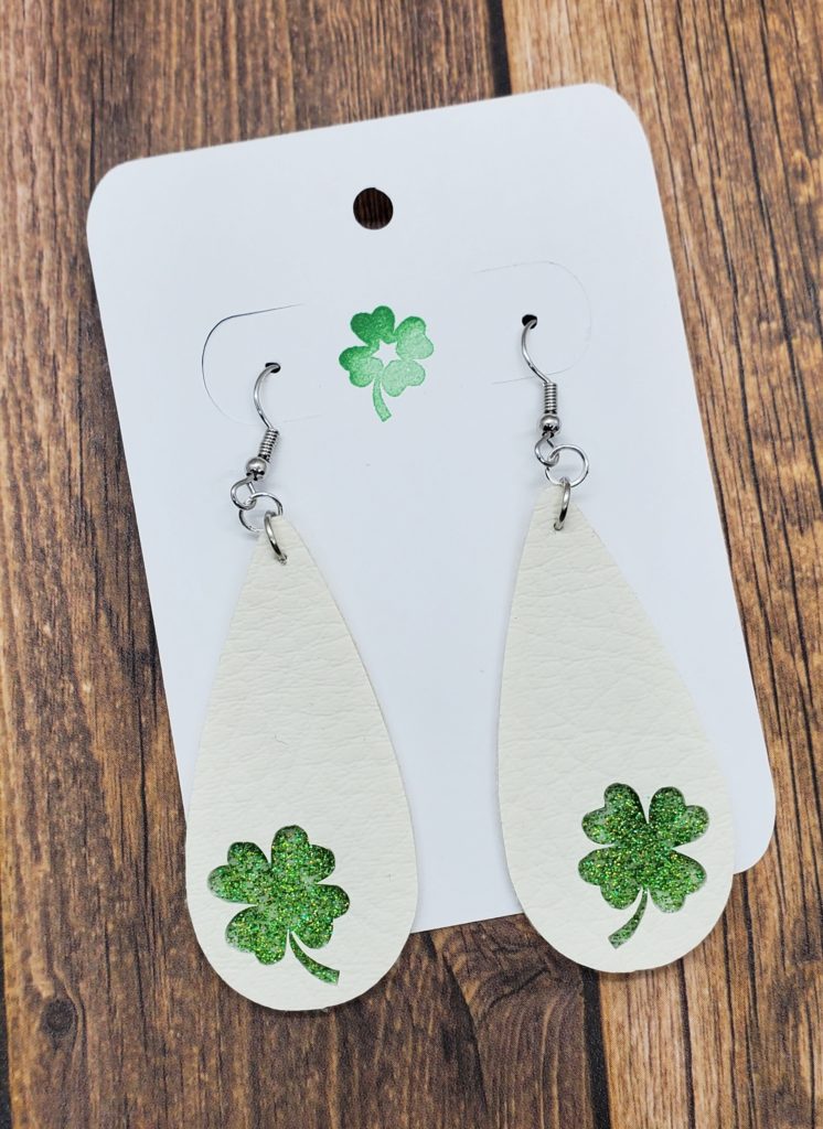 White Lucky Clover Faux Leather Earrings